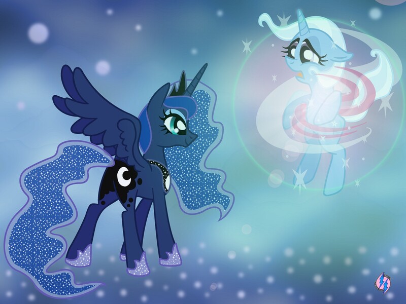 Size: 1280x960 | Tagged: safe, artist:princesshighmist, derpibooru import, princess luna, trixie, pony, unicorn, ascension, female, magic, mare