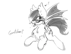 Size: 1280x977 | Tagged: safe, artist:buttwings, derpibooru import, oc, oc:gretchen, unofficial characters only, bat pony, pony, bat pony oc, cute, female, fluffy, glasses, grayscale, monochrome, sketch, solo