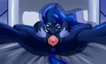 Size: 1280x776 | Tagged: explicit, artist:skyline19, derpibooru import, princess luna, pony, anus, bedroom eyes, blushing, detailed vagina, female, gaping, gaping vagina, human vagina on pony, nudity, presenting, smiling, solo, solo female, spread pussy, spreading, the abyss stares back, vagina