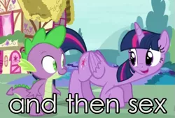 Size: 623x422 | Tagged: suggestive, derpibooru import, edit, edited screencap, screencap, spike, twilight sparkle, twilight sparkle (alicorn), alicorn, pony, castle sweet castle, and then sex happened, caption, female, image macro, imminent sex, implied foalcon, implied sex, male, mare, meme, out of context, shipping, straight, twispike