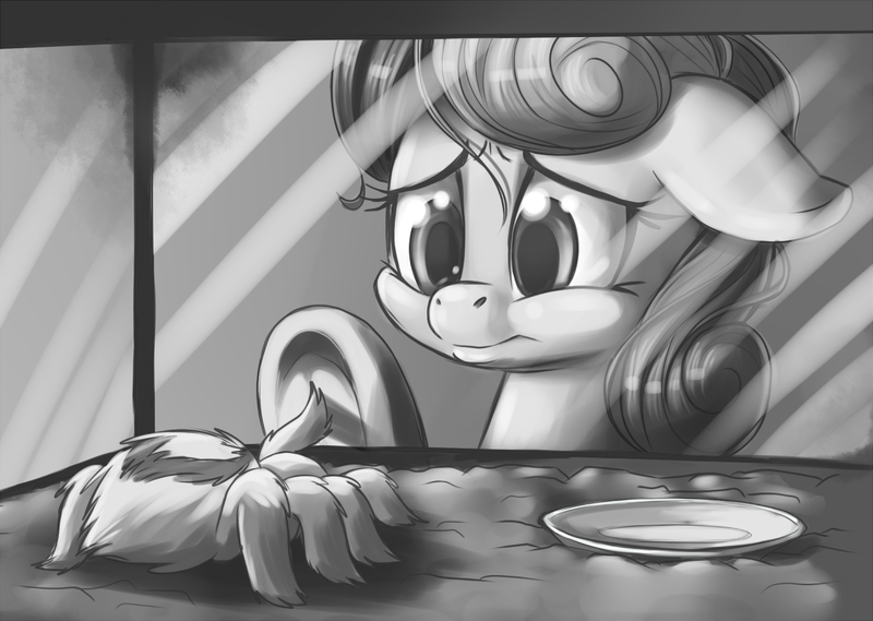 Size: 1200x853 | Tagged: safe, artist:pusspuss, derpibooru import, bon bon, sweetie drops, oc, oc:scary, earth pony, pony, spider, fanfic, fanfic art, female, floppy ears, grayscale, mare, monochrome, raised hoof, sad, underhoof