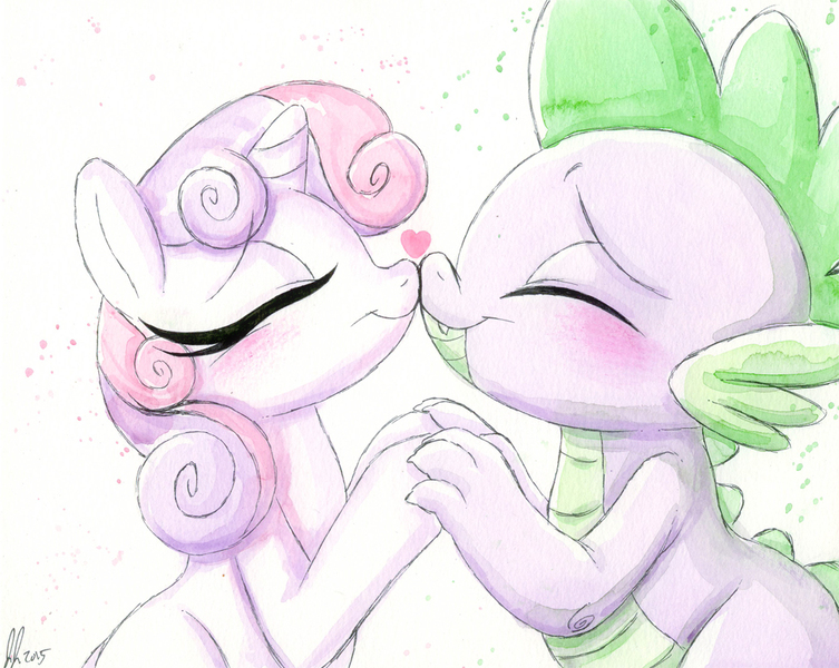 Size: 974x776 | Tagged: safe, artist:prettypinkpony, derpibooru import, spike, sweetie belle, colored, female, male, shipping, spikebelle, straight, traditional art
