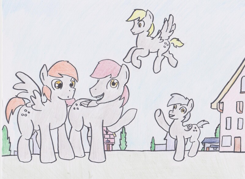 Size: 3267x2384 | Tagged: safe, artist:ponysubmarine, derpibooru import, derpy hooves, frosty dew, orange box, ski doo, pegasus, pony, background pony, dopey hooves, flying, male, ponyville, rule 63, stallion, traditional art