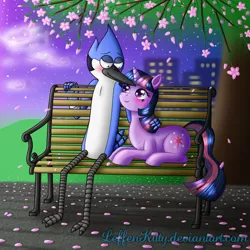 Size: 1300x1300 | Tagged: artist:leffenkitty, bench, crack shipping, crossover, crossover shipping, derpibooru import, female, flower, interspecies, male, mordecai, mordetwi, park, park bench, regular show, safe, shipping, straight, tree, twilight sparkle