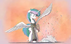 Size: 2000x1229 | Tagged: arizona state university, artist:ncmares, castle sweet castle, clothes, derpibooru import, hidden confetti cannon, messy mane, missing accessory, pillow, princess celestia, safe, solo