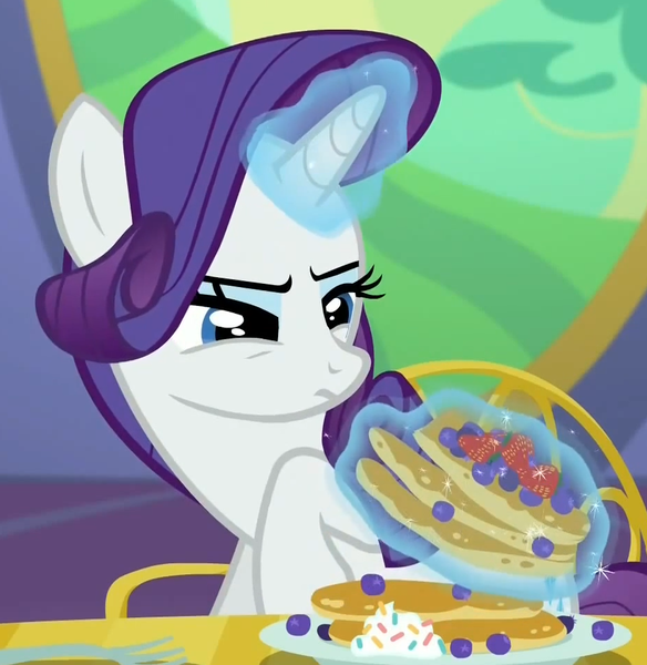 Size: 933x959 | Tagged: castle sweet castle, derpibooru import, food, pancakes, rarity, rarity looking at food, reaction image, safe, screencap, solo, squint, suspicious