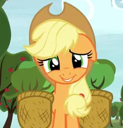 Size: 953x989 | Tagged: safe, derpibooru import, screencap, applejack, earth pony, pony, castle sweet castle, cute, female, floppy ears, grin, jackabetes, looking at you, mare, reaction image, smiling, solo