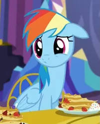 Size: 643x801 | Tagged: safe, derpibooru import, screencap, rainbow dash, pegasus, pony, castle sweet castle, cute, dashabetes, female, floppy ears, food, mare, pancakes, reaction image, solo