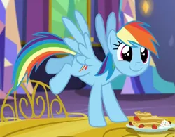 Size: 1183x925 | Tagged: safe, derpibooru import, screencap, rainbow dash, pegasus, pony, castle sweet castle, bucking, c:, cute, dashabetes, female, food, happy, mare, pancakes, reaction image, smiling, solo, spread wings, strawberry, wide eyes