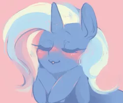 Size: 1023x861 | Tagged: artist needed, safe, derpibooru import, trixie, pony, unicorn, blushing, eyes closed, kissy face, pink background, simple background, solo