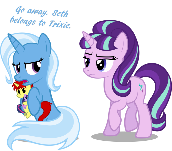 Size: 3129x2747 | Tagged: safe, artist:zacatron94, derpibooru import, starlight glimmer, trixie, twilight sparkle, twilight sparkle (alicorn), oc, oc:sethisto, alicorn, pony, the cutie map, dialogue, female, hilarious in hindsight, mare, plushie, s5 starlight, sethisto, sethxie, simple background, transparent background, vector