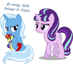 Size: 3129x2747 | Tagged: safe, artist:zacatron94, derpibooru import, starlight glimmer, trixie, twilight sparkle, twilight sparkle (alicorn), oc, oc:sethisto, alicorn, pony, the cutie map, dialogue, female, hilarious in hindsight, mare, plushie, s5 starlight, sethisto, sethxie, simple background, transparent background, vector