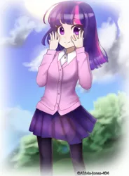 Size: 1073x1460 | Tagged: artist:akivia-jones-404, cardigan, clothes, cute, derpibooru import, female, human, humanized, looking at you, safe, skirt, solo, stockings, thigh highs, twiabetes, twilight sparkle