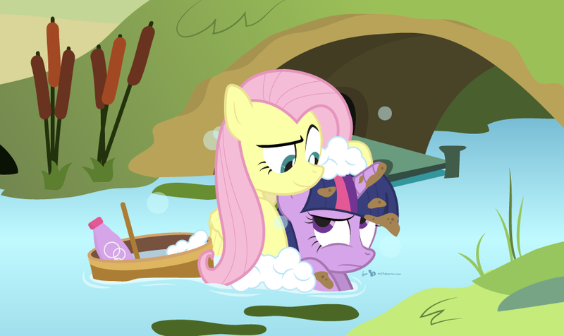 Size: 924x550 | Tagged: alternate scenario, artist:dm29, bath, bathing, castle sweet castle, derpibooru import, duo, fluttershy, mud, outdoors, river, safe, scrubbing, twilight sparkle