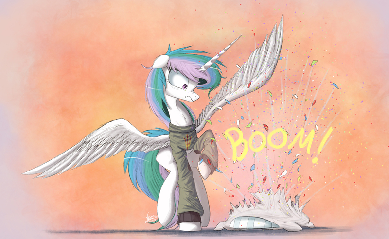 Size: 2000x1229 | Tagged: safe, artist:ncmares, derpibooru import, princess celestia, alicorn, pony, ask majesty incarnate, castle sweet castle, arizona state university, female, hidden confetti cannon, mare, pillow, solo