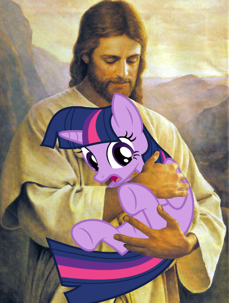 Size: 480x633 | Tagged: safe, artist:smiba11, derpibooru import, twilight sparkle, pony, christianity, hape, holding a pony, hug, jesus christ, out of character, religion