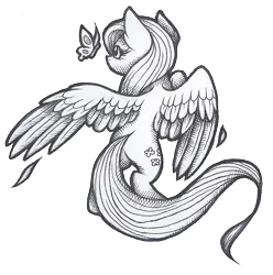 Size: 1311x1324 | Tagged: safe, artist:wingedwolf94, deleted from derpibooru, derpibooru import, fluttershy, butterfly, floating, flying, grayscale, looking at something, monochrome, plot, rear view, simple background, solo, spread wings, traditional art, transparent background