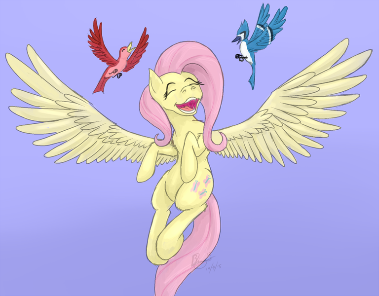 Size: 1024x800 | Tagged: safe, artist:bingodingo, derpibooru import, fluttershy, bird, pegasus, pony, flying, singing, solo