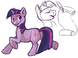 Size: 700x521 | Tagged: safe, artist:kaceymeg, derpibooru import, twilight sparkle, looking at you, looking back, open mouth, quill, raised hoof, raised leg, scroll, smiling, solo, underhoof