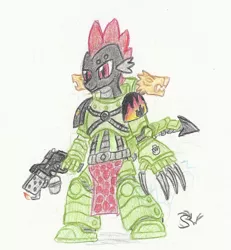 Size: 1024x1109 | Tagged: safe, artist:sensko, derpibooru import, spike, ponified, pony, armor, crossover, flamer, flamethrower, gun, lightning claw, male, palette swap, pencil drawing, power armor, recolor, salamanders, solo, space marine, traditional art, warhammer (game), warhammer 30k, warhammer 40k, weapon