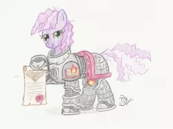 Size: 1827x1368 | Tagged: safe, artist:sensko, derpibooru import, cheerilee, ponified, earth pony, pony, 80s, 80s cheerilee, alternate hairstyle, armor, crossover, female, heresy, mare, pencil drawing, power armor, solo, space marine, traditional art, warhammer (game), warhammer 30k, warhammer 40k, word bearers