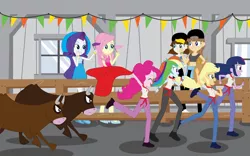 Size: 2560x1600 | Tagged: safe, artist:eninejcompany, derpibooru import, part of a set, applejack, fluttershy, pinkie pie, rainbow dash, rarity, twilight sparkle, twilight sparkle (alicorn), oc, equestria girls, background human, bulls, bunting, cape, clothes, equestria girls around the world, fence, flag, high heels, part of a series, running with the bulls, shoes, spain