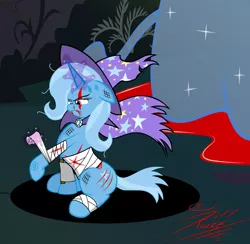 Size: 1500x1464 | Tagged: semi-grimdark, artist:killkatt, derpibooru import, trixie, pony, unicorn, ursa minor, badass, bandage, blood, female, first aid, injured, mare, splint