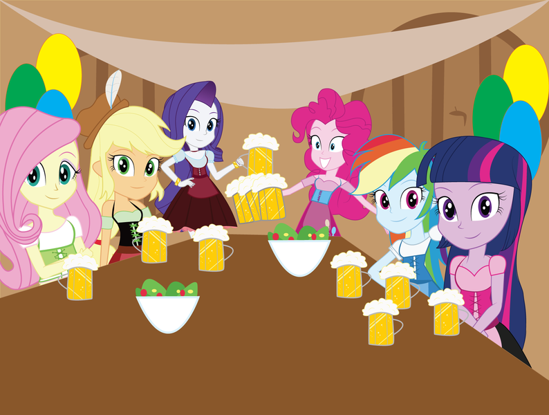 Size: 1840x1390 | Tagged: safe, artist:eninejcompany, derpibooru import, applejack, fluttershy, pinkie pie, rainbow dash, rarity, twilight sparkle, twilight sparkle (alicorn), equestria girls, alcohol, balloon, beer, clothes, dirndl, dress, food, germany, hat, hilarity ensues, looking at you, oktoberfest, salad, this will end in tears, underaged drinking