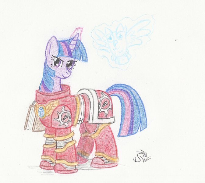 Size: 1680x1497 | Tagged: safe, artist:sensko, derpibooru import, owlowiscious, twilight sparkle, pony, unicorn, armor, crossover, female, librarian, mare, pencil drawing, power armor, space marine, thousand sons, traditional art, unicorn twilight, warhammer (game), warhammer 30k, warhammer 40k