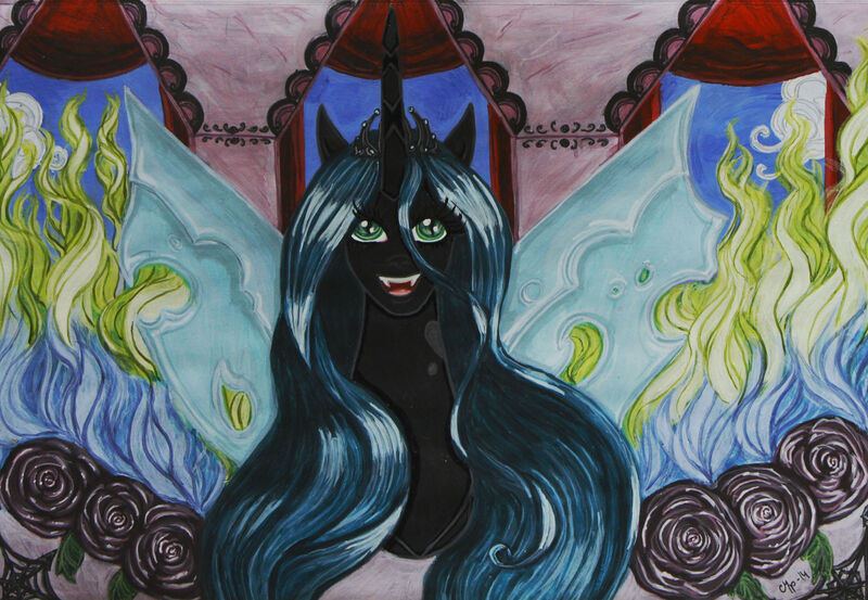 Size: 2447x1692 | Tagged: artist:angel-gotic, black rose, derpibooru import, fire, flower, queen chrysalis, rose, safe, smiling, solo, traditional art