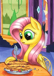 Size: 2432x3416 | Tagged: artist:yellowrobin, castle sweet castle, derpibooru import, fluttershy, pancakes, safe, solo, spoon, traditional art