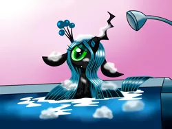 Size: 1600x1200 | Tagged: angry, artist:lovehtf421, bath, bathtub, changeling, changeling queen, crown, cute, cutealis, derpibooru import, female, filly, filly queen chrysalis, frown, jewelry, looking at you, madorable, nymph, queen chrysalis, regalia, safe, shower, solo, water, wet, younger