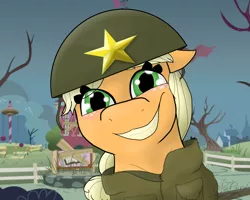 Size: 1024x819 | Tagged: applejack, artist:boneswolbach, artist:poofgirl, clothes, derpibooru import, friendship is witchcraft, grin, helmet, how applejack won the war, safe, solo, uniform