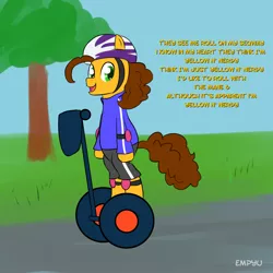 Size: 1000x1000 | Tagged: safe, artist:empyu, derpibooru import, cheese sandwich, pony, bipedal, clothes, elbow pads, helmet, knee pads, looking at you, segway, solo, song reference, they see me rollin', weird al yankovic, white and nerdy