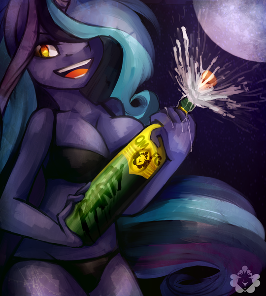 Size: 1500x1666 | Tagged: suggestive, artist:deadlionofinsanity, derpibooru import, oc, unofficial characters only, anthro, unicorn, anthro oc, bra, breasts, champagne, cleavage, clothes, female, hair over one eye, moon, night, panties, solo, solo female, underwear