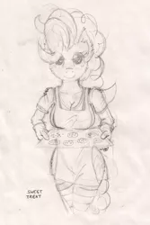 Size: 3375x5043 | Tagged: anthro, apron, artist:greenlinzerd, breasts, cleavage, clothes, cookie, derpibooru import, extra pony, female, large order of milk, monochrome, nudity, oven mitts, pinkie pie, sketch, socks, solo, solo female, striped socks, suggestive, wip