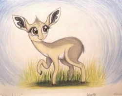 Size: 1004x796 | Tagged: animal in mlp form, antelope, artist:thefriendlyelephant, big ears, big eyes, cloven hooves, derpibooru import, dik dik, fluffy, grass, oc, oc:kekere, safe, solo, traditional art, unofficial characters only