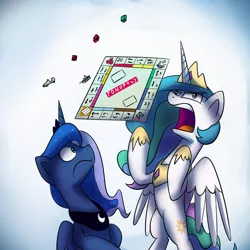 Size: 1200x1200 | Tagged: safe, artist:anticular, derpibooru import, princess celestia, princess luna, alicorn, pony, ask sunshine and moonbeams, board game, duo, duo female, female, mare, monopoly, peytral, rage quit