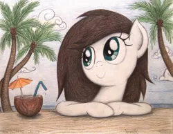 Size: 1016x787 | Tagged: safe, artist:thefriendlyelephant, derpibooru import, oc, oc:coconut cake, unofficial characters only, pegasus, pony, coconut, coconut tree, cute, drink, ocean, palm tree, solo, straw, traditional art, tree, tropical, umbrella