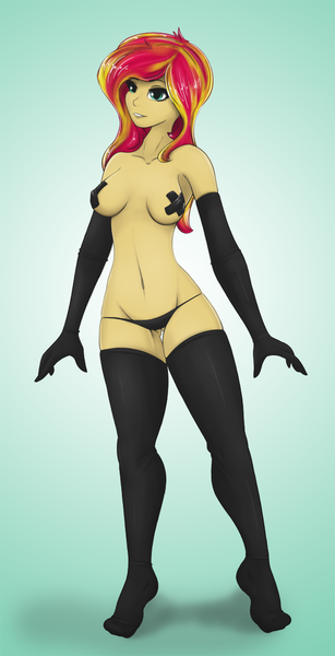 Size: 588x1148 | Tagged: questionable, artist:ninjapony, derpibooru import, sunset shimmer, equestria girls, breasts, busty sunset shimmer, clothes, erect nipples, evening gloves, female, nipple tape, panties, pasties, socks, solo, solo female, stockings, thigh highs, underass, underwear