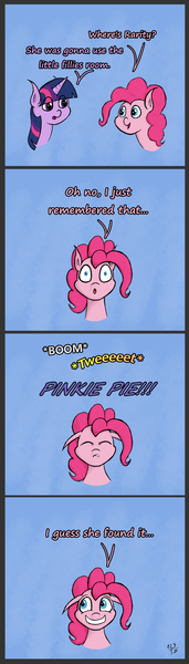 Size: 1200x4201 | Tagged: safe, artist:123turtleshell, derpibooru import, pinkie pie, twilight sparkle, twilight sparkle (alicorn), alicorn, pony, castle sweet castle, comic, female, hidden confetti cannon, implied rarity, mare, toilet humor