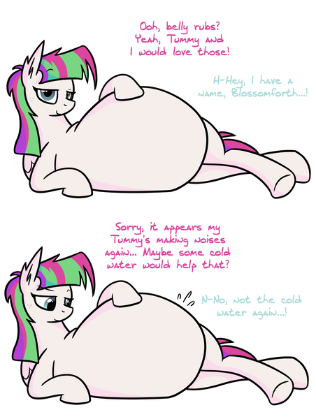 Size: 1248x1656 | Tagged: questionable, artist:askblossomlane, derpibooru import, blossomforth, thunderlane, pegasus, pony, belly, bellyrubs, big belly, blossomlane, dialogue, domination, female, fetish, male, mare, shipping, soft vore, straight, vore