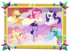 Size: 2670x1960 | Tagged: safe, artist:drlonepony, derpibooru import, applejack, fluttershy, pinkie pie, rainbow dash, rarity, spike, twilight sparkle, twilight sparkle (alicorn), alicorn, dragon, earth pony, pegasus, pony, unicorn, castle sweet castle, big crown thingy, cloud, female, jewelry, male, mane seven, mane six, mare, missing freckles, regalia, simple background, smiling, transparent background, vector