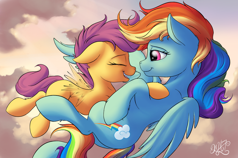 Size: 2700x1800 | Tagged: safe, artist:nobody47, derpibooru import, rainbow dash, scootaloo, pegasus, pony, cute, cutealoo, dashabetes, eyes closed, female, filly, floppy ears, fluffy, flying, happy, hug, mare, open mouth, scootaloo can fly, scootalove, smiling