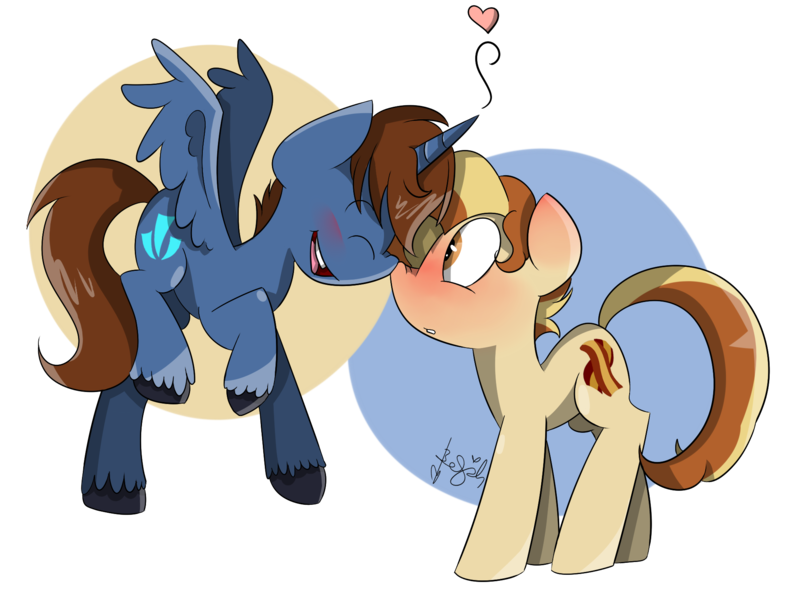 Size: 2000x1500 | Tagged: safe, artist:befishproductions, derpibooru import, oc, oc:headlong flight, oc:pan sizzle, unofficial characters only, alicorn, earth pony, pony, alicorn oc, blushing, boop, eyes closed, gay, male, noseboop, nuzzling, open mouth, shipping, signature, simple background, smiling, spread wings, transparent background, tsilong, unshorn fetlocks, wide eyes