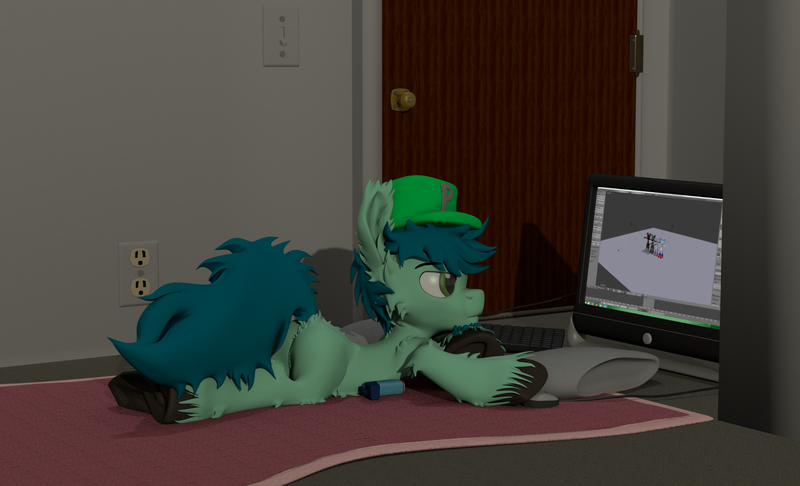 Size: 2300x1397 | Tagged: artist:sherfur, bedroom, computer, computer mouse, derpibooru import, fluffy, hat, oc, oc:pouncer, safe, unofficial characters only