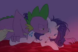 Size: 1101x740 | Tagged: suggestive, artist:carnifex, derpibooru import, rarity, spike, bed, bedroom eyes, blushing, female, foreplay, gritted teeth, imminent sex, male, messy mane, older, older spike, open mouth, prone, shipping, smiling, sparity, straight, sweat