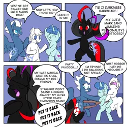 Size: 992x992 | Tagged: safe, artist:zanezandell, derpibooru import, double diamond, night glider, party favor, oc, oc:darkness darkblade, earth pony, pegasus, pony, unicorn, the cutie map, :o, bipedal, comic, crying, dialogue, donut steel, eye shimmer, eyes closed, familiar, female, flying, frown, gritted teeth, hoof hold, horrified, joke oc, male, mare, mary sue, no pupils, open mouth, puppy dog eyes, red and black oc, sad, scared, smiling, smirk, speech bubble, spread wings, staff, staff of sameness, stallion, teary eyes, wide eyes