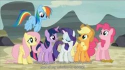 Size: 2560x1434 | Tagged: safe, derpibooru import, screencap, applejack, fluttershy, pinkie pie, rainbow dash, rarity, twilight sparkle, twilight sparkle (alicorn), alicorn, pony, the cutie map, female, mane six, mare, meme, youtube caption