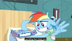 Size: 840x476 | Tagged: safe, derpibooru import, screencap, rainbow dash, pegasus, pony, read it and weep, battlecloud, board game, faic, hospital gown, meme, youtube caption